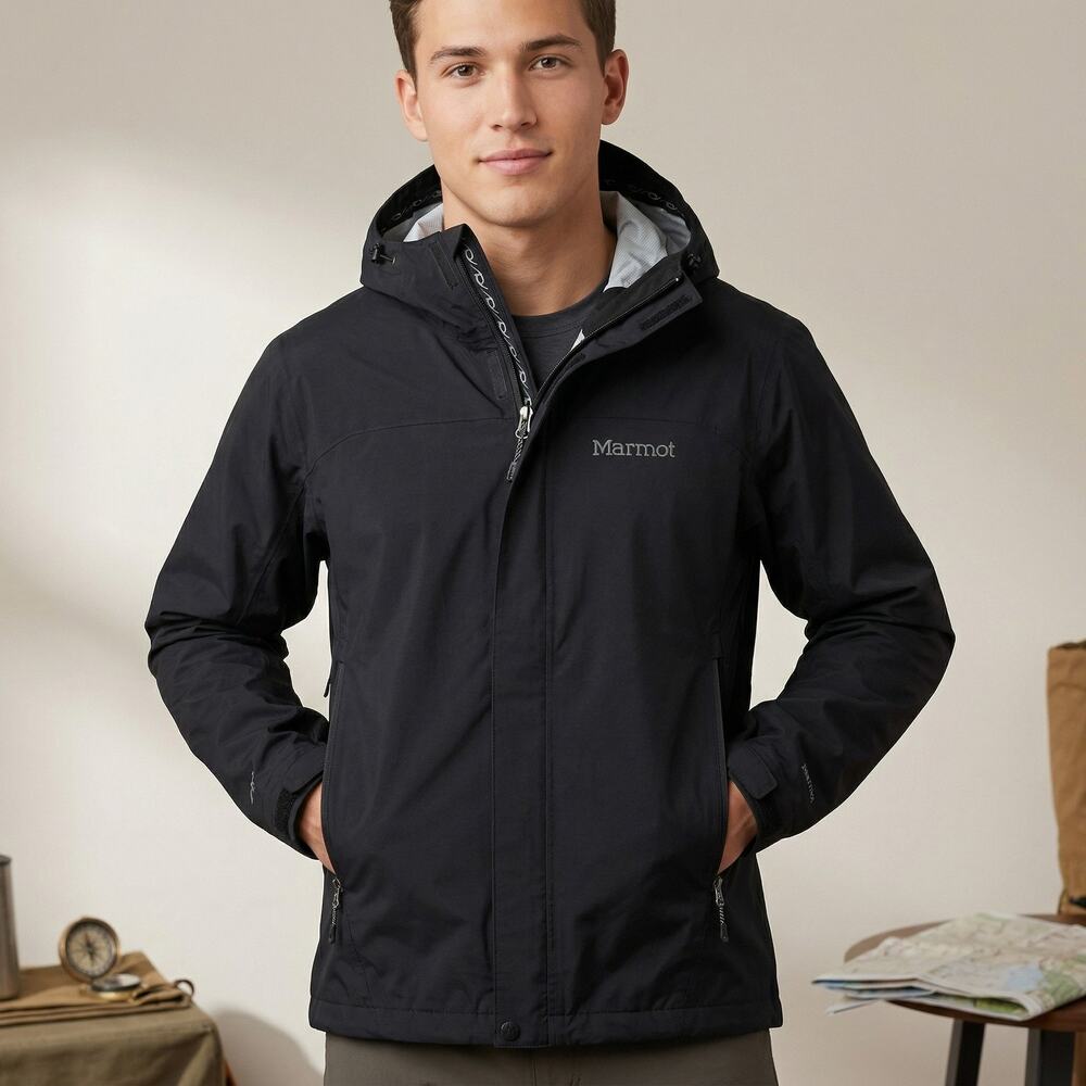 Marmot Men's Hooded Rain Jacket Black Waterproof Shell Outdoor Hiking Size S